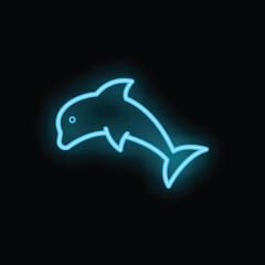 Minimalist neon sign of a blue dolphin jumping on a black background