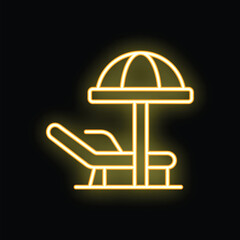 Bright yellow neon sign depicting a beach umbrella and lounge chair, perfect for evoking feelings of summer vacations and relaxation