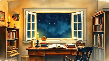 Cozy writer's desk by a window with books and a night sky view for blogs, websites, and educational or creative content