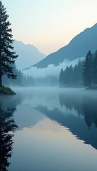 Fototapeta premium misty lake fog rises slowly from water surface, water, lake