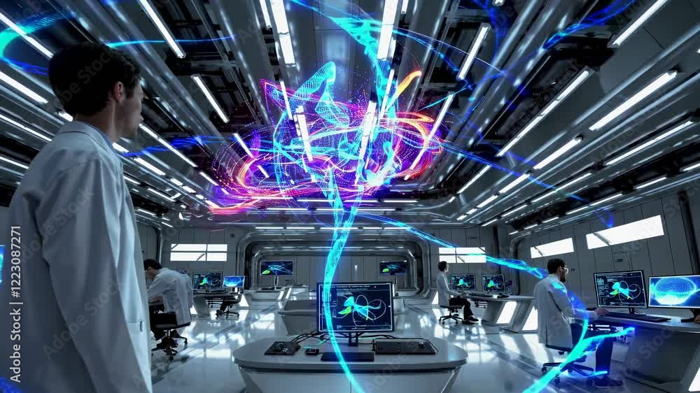 Poster advanced technology in a futuristic research lab with holographic displays and scientists engaged in