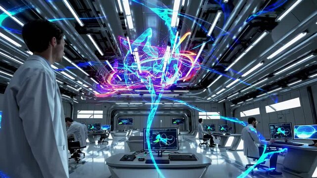 Advanced technology in a futuristic research lab with holographic displays and scientists engaged in collaboration