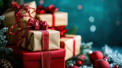Festive christmas presents with red ribbons and ornaments against a blue background