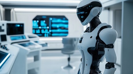 A full-body shot of a humanoid robot with a humanoid appearance and flexible joints, positioned in a high-tech control room, Futuristic style