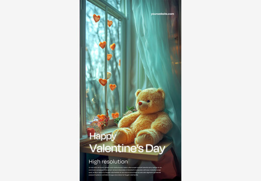 Charming Valentine's Day Template: Adorable Teddy Bear by Window with Happy Valentine's Day Message