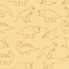 Seamless pattern with cute outline dinosaurs on beige background. Template for print, fabric, wallpaper, wrapping paper. Vector illustration