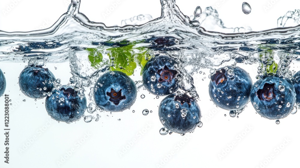 Poster blueberries splashing into crystal clear water creating a refreshing moment of movement