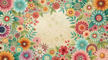 Vintage floral background with colorful retro flowers, circle motifs and pastel hues, circles