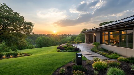 Obraz premium Sunset view from a modern house with large windows, showcasing a patio area, lush green lawn, and colorful flowerbeds. Warm lighting creates a