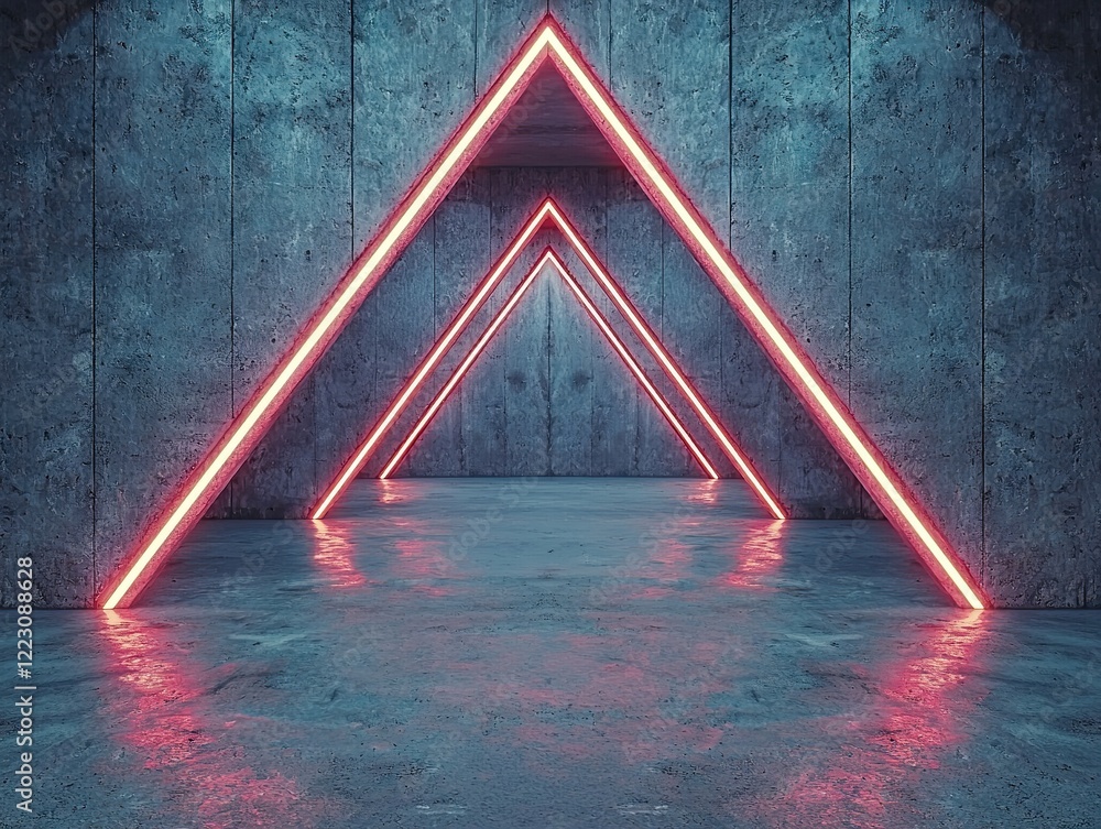 Poster dynamic neon triangle architecture futuristic space digital art indoor eye-level abstract design