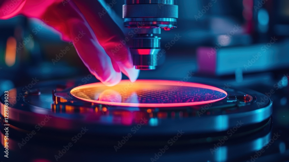 Poster a vibrant closeup of a surface roughness tester in action with a worker gently placing a semiconduct
