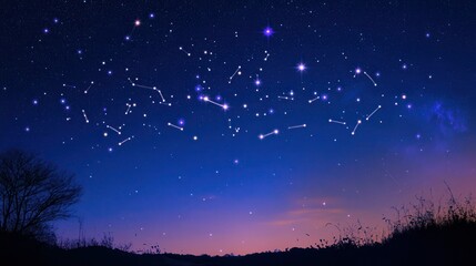Starry night sky with constellations over silhouetted landscape
