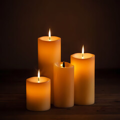 A group of glowing pillar candles with soft, flickering flames, creating a warm ambiance 
