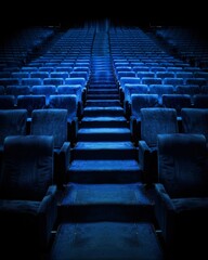 Naklejka premium Empty Blue Velvet Seats in a Deserted Theater Cinema, Emphasizing Vertical Composition