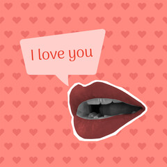 Valentine's day greeting card with cut out lips with speech bubble. Template for birthday card, invitation, social media, flyer, banner, poster. Vector illustration