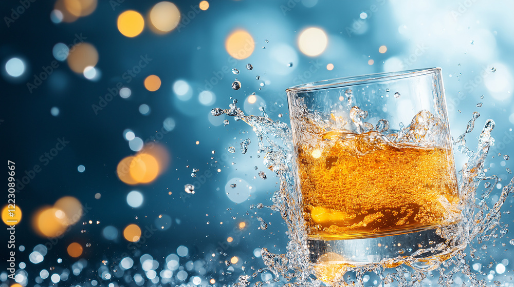Poster whiskey splash: amber liquid explodes from a rocks glass, splashing dynamically against a bokeh back