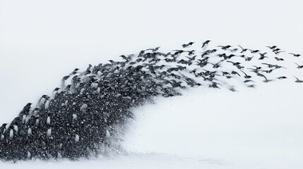 Dynamic formation of birds creates an elegant wave across snowy