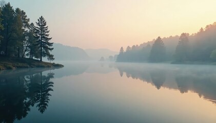 misty morning on calm lake with trees reflected, lake, misty