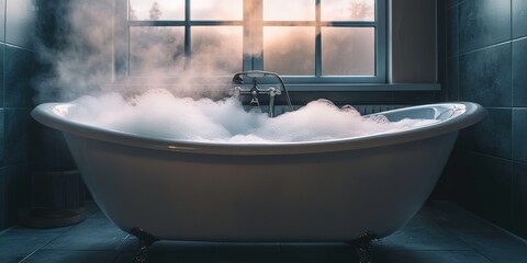 Taking a relaxing bath with bubbles in a dimly lit bathroom