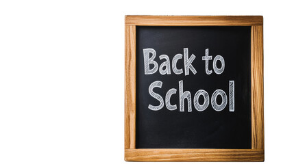A black chalkboard with a wooden frame displays the words Back to School written in chalk.