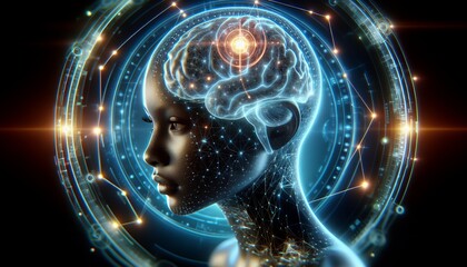 A futuristic digital illustration of a humanoid robot with a glowing brain, surrounded by swirling technological elements and lights, symbolising advanced artificial intelligence and neural networks.