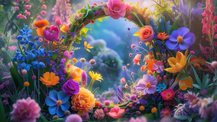Colourful Flower Frame Design, Capturing Nature's Splendour, Gentle and Delicate Blend of Colours, Tranquil and Charming Atmosphere, Mesmerising and Elegant Floral Composition, Nature-Inspired Artwork