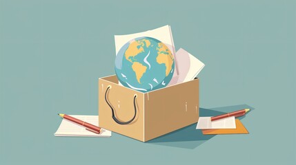 Professional Educational Supplies Container with Papers and Globe