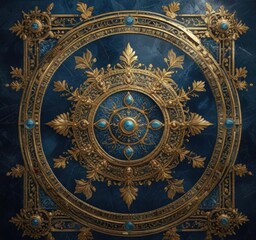 Obraz premium Ancient Byzantine mosaic with gold leaf and precious gems on a dark blue background, temple, glittering, luxury