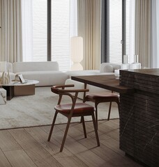 Elegant living room with kitchen and dining room. Luxurious apartment background with contemporary design. Modern interior design. 3D render, 3D illustration.
