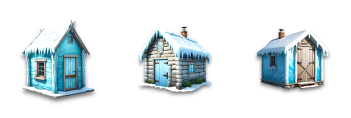 Three winter cottages on a transparent background, isolated, with snow