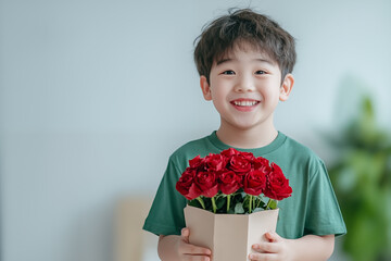 Charming scene of a boy with a rose bouquet, perfect for romantic or heartfelt themes