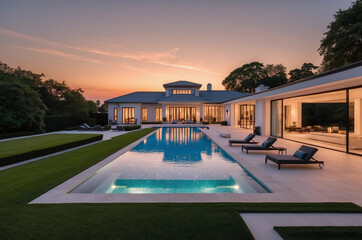 Luxury Real Estate Composition Featuring a Large Twilight Photo of a Modern Residence with an Illuminated Pool – Elegant High-End Property with Stunning Architecture and Outdoor Ambiance
