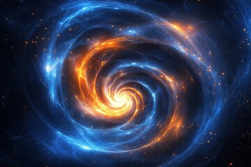 A digital swirl of glowing blue and orange dots representing data flowing through the universe