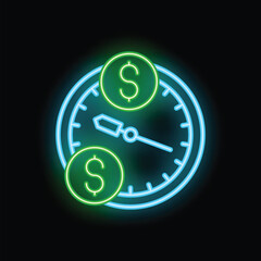 Glowing neon illustration representing the concept of time being money with a clock and dollar currency symbols