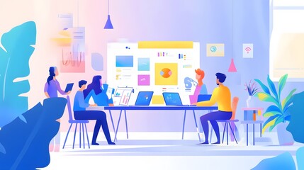 Creative team brainstorming, diverse group collaborating in a colorful workspace, vibrant presentations on a screen.