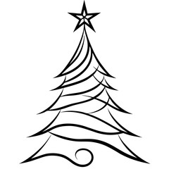 Obraz premium Abstract Minimalist Christmas Tree with Swirling Lines and Decorative Stars in Black and White