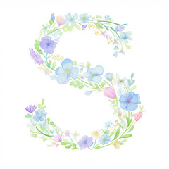 Stylish watercolor letter "S" featuring soft wildflower details in a bright, boho aesthetic