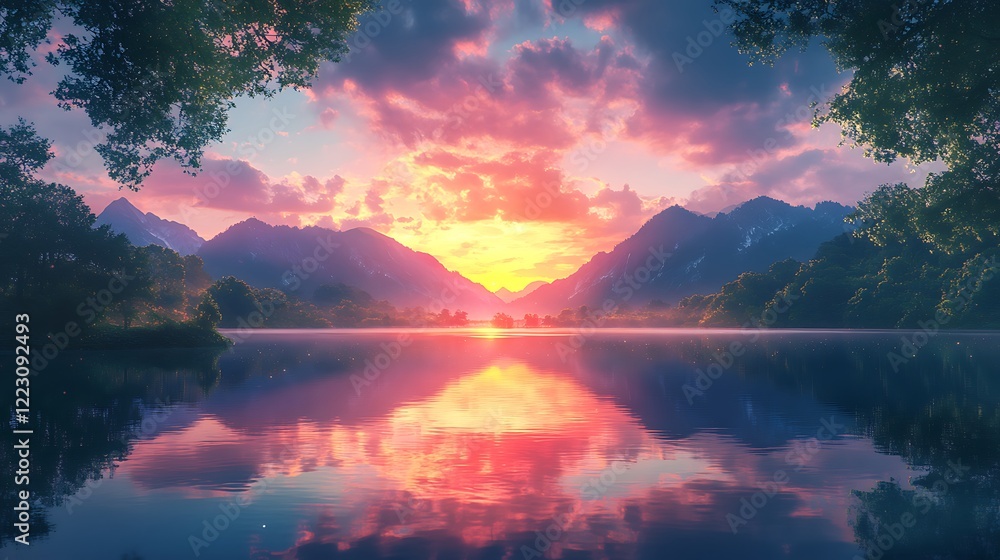 Poster vibrant sunset over a calm lake, reflecting the warm colors of the sky. mountains and trees frame th