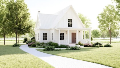Charming white cottage surrounded by lush greenery and blooming flowers on a sunny day