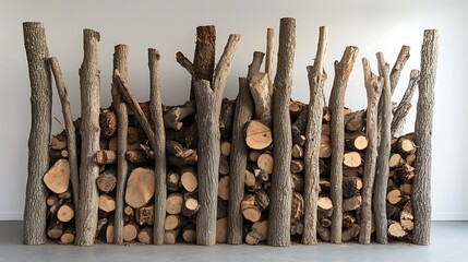 Wooden logs in a stack against a white wall with space for text