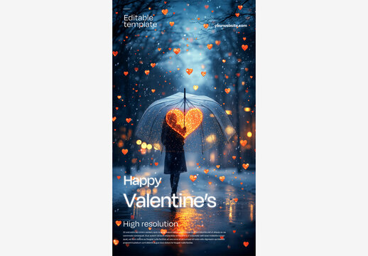Celebrate Love with a Creative Valentine's Day Template: Person Holding an Umbrella in the Rain with Floating Hearts and Happy Valentine's Day