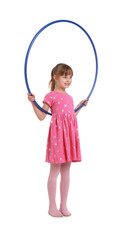 Cute little girl with hula hoop on white background