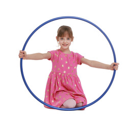 Cute little girl with hula hoop on white background