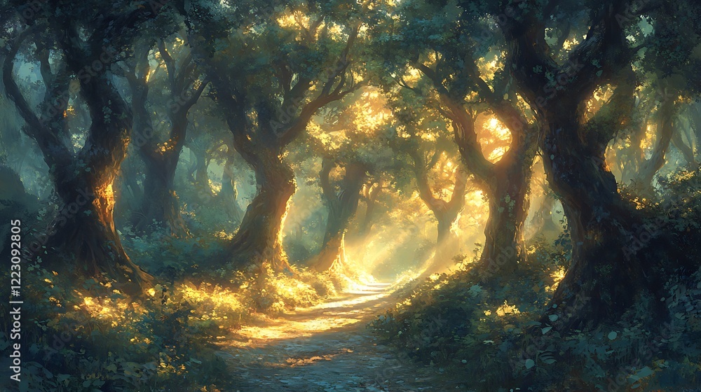 Poster Sunlit path winds through a lush green forest, golden light filtering through the leaves of ancient trees. Pixel art style