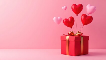 Obraz premium Red and pink heart shaped balloons fly out of a red gift box with a golden bow on a pink background. Valentine's day, women's day, mother's day, space for text, holiday card, banner, poster, postcard