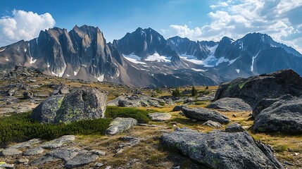 Rocky mountain landscape under a partly cloudy sky. Jagged peaks and glacial remnants are visible in the background. Foreground shows rocky terrain