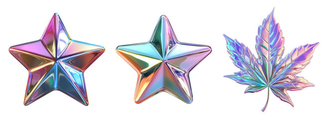 Obraz premium Colorful Metallic Star Shapes and Leaf Isolated on Transparent Background