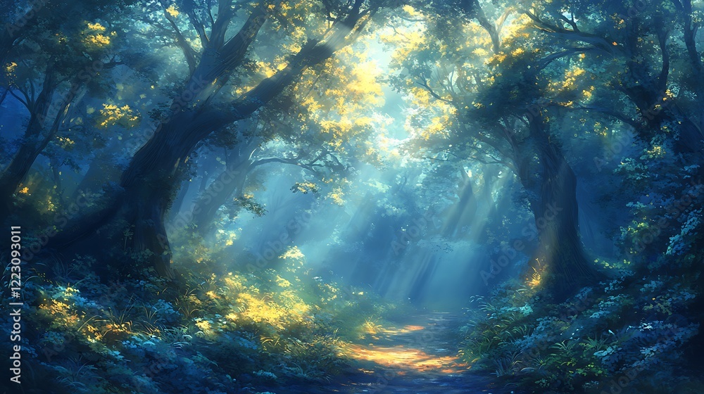 Poster sunbeams illuminate a mystical forest path, dappled light on lush green and blue foliage, creating a