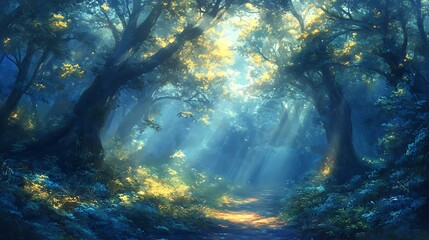 Obraz premium Sunbeams illuminate a mystical forest path, dappled light on lush green and blue foliage, creating an ethereal atmosphere. Dark trees frame a bright