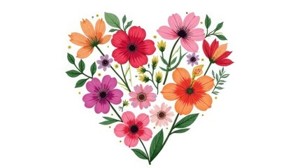 Seamless pattern of heart made of spring wild flowers on a white background. Valentine's day, women's day, mother's day, holiday card, banner, poster, love concept, packaging, wallpaper, flower shop